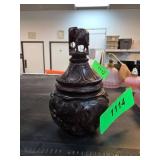 Hand-Carved Wooden Lidded Jar with Elephant Finial