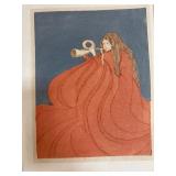 Color Engraving of Woman Blowing Horn