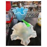 Ruffled White and Blue Glass Bowls