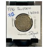 1946 Sweden 1 Krona Silver Coin