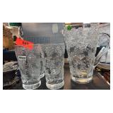 Floral-Pattern Clear Glass Pitcher and Tumblers