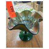 Green Iridescent Ruffled Glass Compote