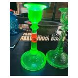 Green Vaseline Glass Candlesticks