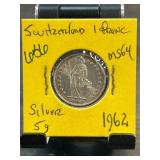 1962 Switzerland 1 Franc Silver Coin