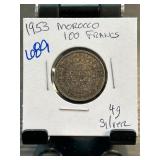 1953 Morocco 100 Franc Silver Coin