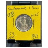 1963 Swiss 1 Franc Coin in Holder MS65