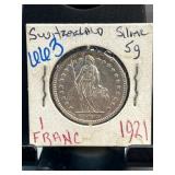 1921 Switzerland 1 Franc Silver Coin