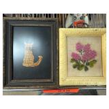 Framed Cat Etching and Floral Embroidery Artwork