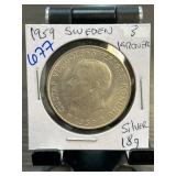 1959 Sweden 5 Kronor Silver Coin