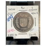 1988-B Swiss 5 Francs Cu-Ni Coin