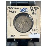 1951 Mexico 50 Centavos Silver Coin