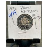 1973 Barbados 25 Cents Proof Coin