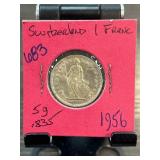 Switzerland 1956 1 Franc Coin in Holder