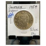 1954 Sweden 2 Kronor Silver Coin
