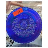 Blue Carnival Glass Plate with Embossed Design