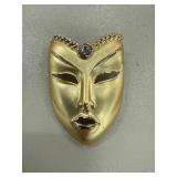 Gold-Tone Mask-Shaped Brooch with Clear Gem