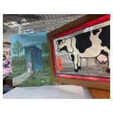 Framed Cow Stained Glass and Outhouse Painting