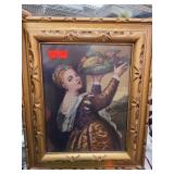 Framed Needlepoint of Woman with Fruit Basket