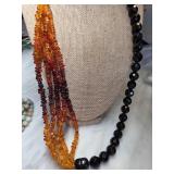 Multi-Strand Amber and Black Bead Necklace