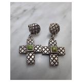 Sterling Silver Cross Earrings with Green Accents