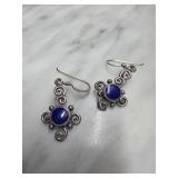 Sterling Silver Dangle Earrings with Blue Inlay
