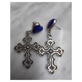 Sterling Silver Cross Earrings With Blue Stones