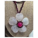 Rose Quartz Flower Necklace with Beaded Chain
