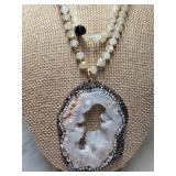 Beaded Necklace with Geode Pendant, Marked JK