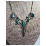 Silver-Tone Necklace with Green Stone Accents
