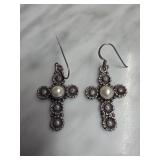 Sterling Silver Cross Earrings with Pearl Accents