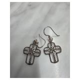 Sterling Silver Cross Earrings With Floral Design