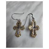 Sterling Silver Cross Earrings with Gold Accents