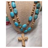 Turquoise and Bead Necklace With Cross Pendant