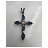 Sterling Silver Cross Pendant with Blue Stones