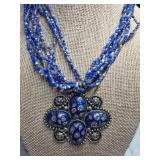 Blue Beaded Necklace with Floral Pendant