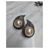 Sterling Silver Earrings with Pearl and Marcasite