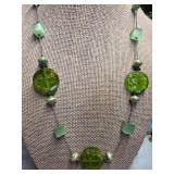 Green Glass and Bead Necklace on Chain