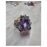 Silver-Tone Floral Ring With Purple Stone