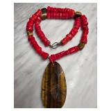 Red Beaded Necklace With Tigerï¿½s Eye Pendant