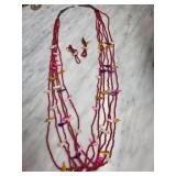 Multi-Strand Red Beaded Necklace Set With Earrings