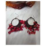 Red Coral Hoop Earrings with Brown Weave