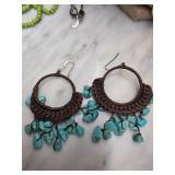 Turquoise and Brown Woven Hoop Earrings