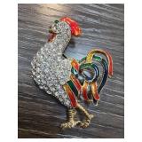 Crystal and Enamel Rooster Brooch