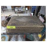 Ornate Wooden Box With Blue Lined Interior