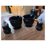 Black Glass Creamer, Sugar Bowl, and Shakers Set
