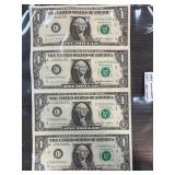 Uncut Sheet of Four $1 Federal Reserve Notes