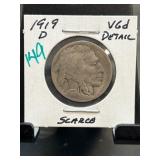 1919-D Buffalo Nickel, VG Details, Scarce