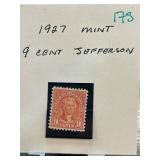 1927 Mint 9-Cent Jefferson Postage Stamp