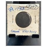 1773 Virginia Half Penny Coin