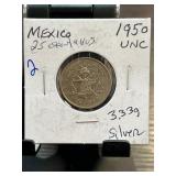 1950 Mexico 25 Centavos Silver Coin UNC